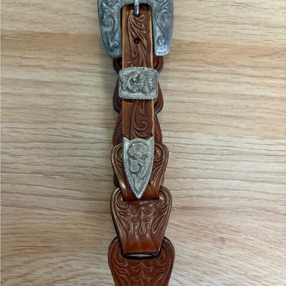 Tony Lama Brown Leather Belt with Silver Buckle